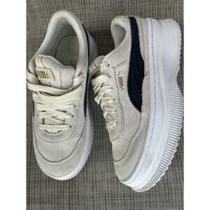 Size 7 PUMA Cali Wedge Beige Suede Black Stripe Gold Logo